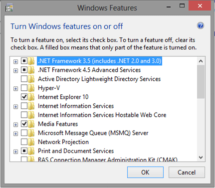 Windows 8 Program Features Selections
